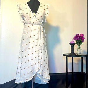 Essue High Low Flutter Sleeve Cotton Wrap Dress White Brown Polka Dots Size S
